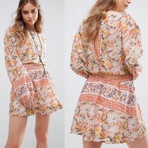 Free People Women's Orange Yellow Floral Cut Out Back Mini Dress Womens sz small